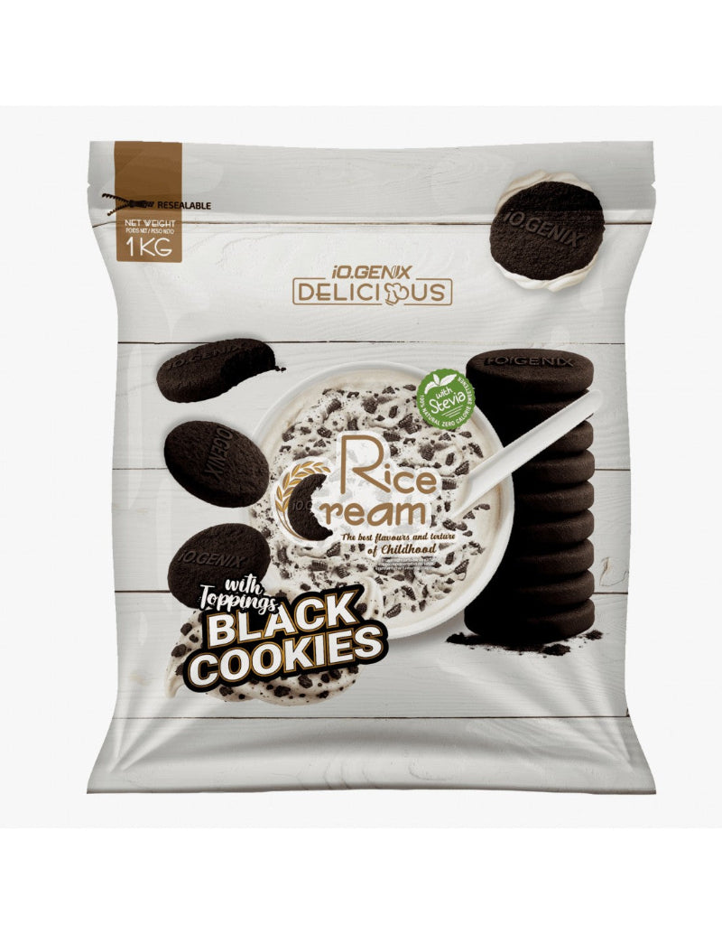Crème de riz Black Cookies iO.Genix 1kg - Saveur biscuit Oreo avec toppings à la stévia | Dragon Nutrition