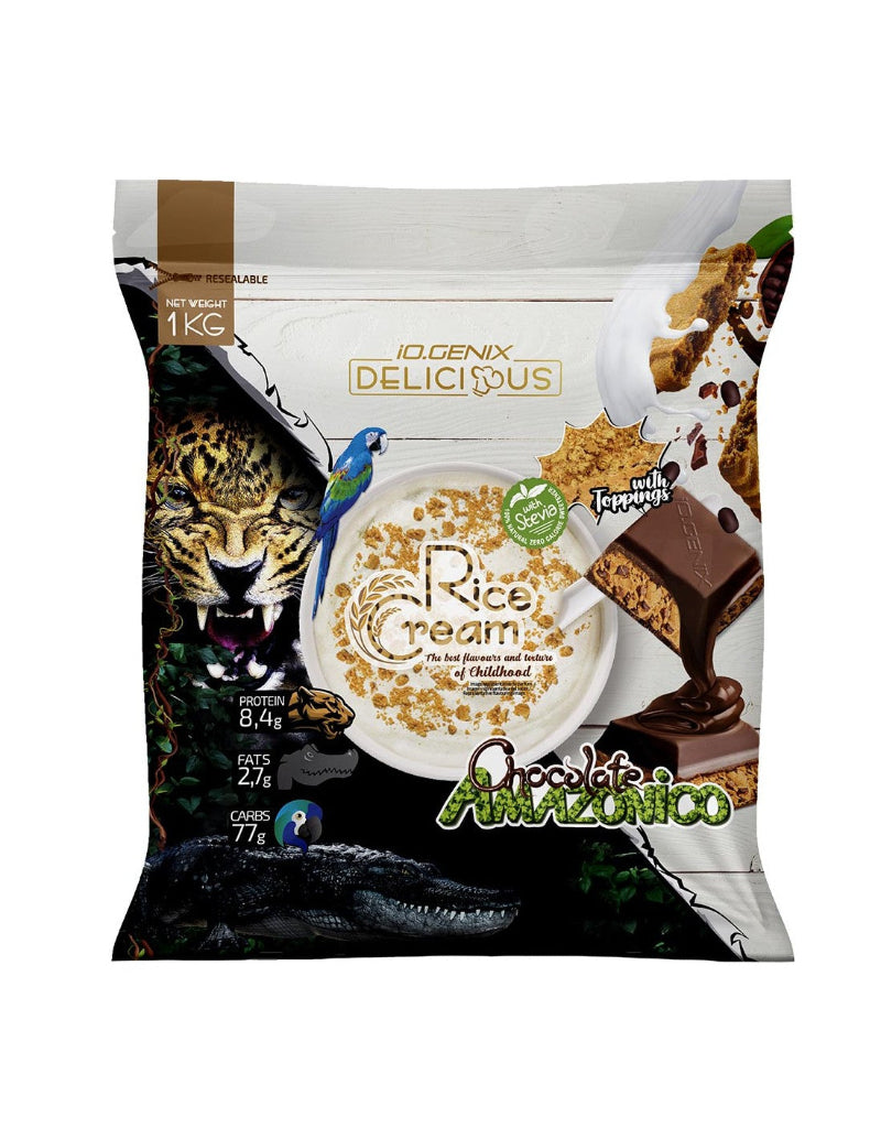Crème de riz Chocolate Amazonico iO.Genix 1kg - 8,4g protéines avec toppings à la stévia | Dragon Nutrition