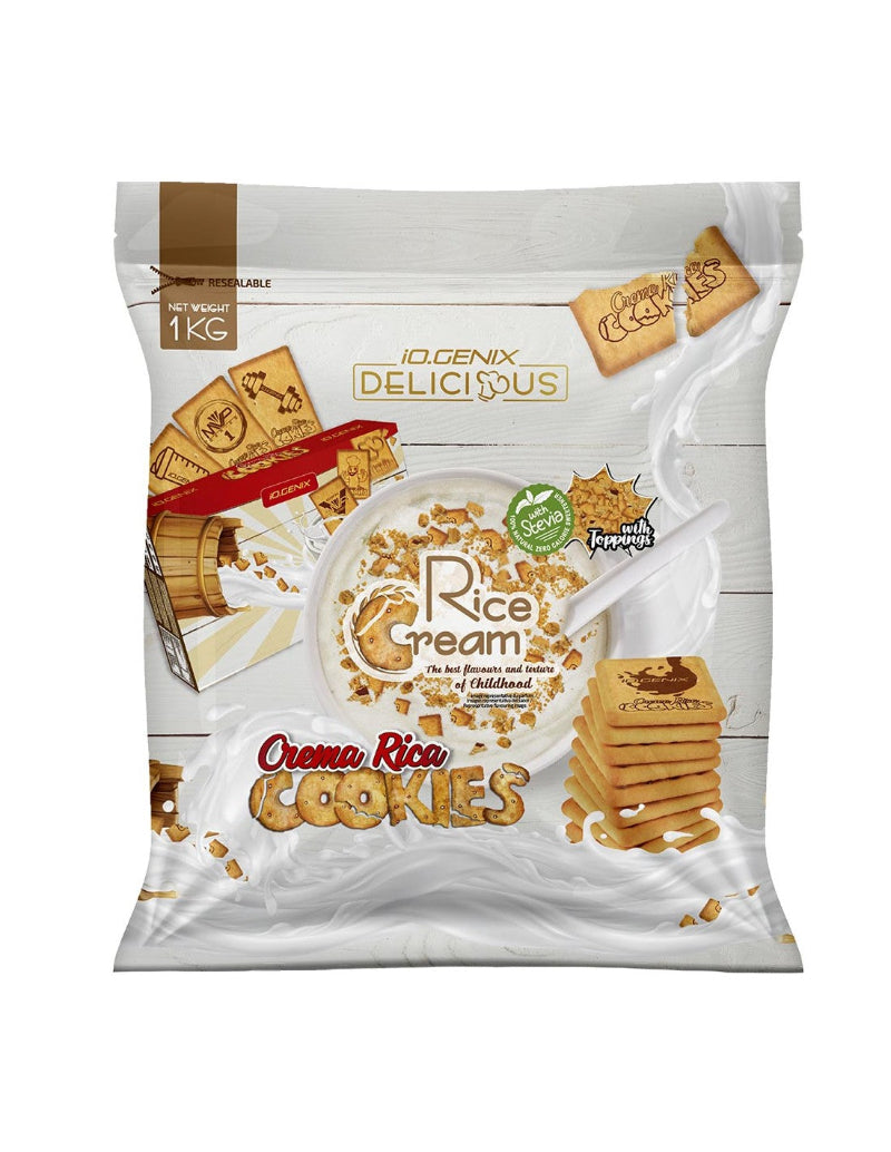 Crème de riz Crema Rica Cookies iO.Genix 1kg - Saveur biscuit avec toppings à la stévia | Dragon Nutrition