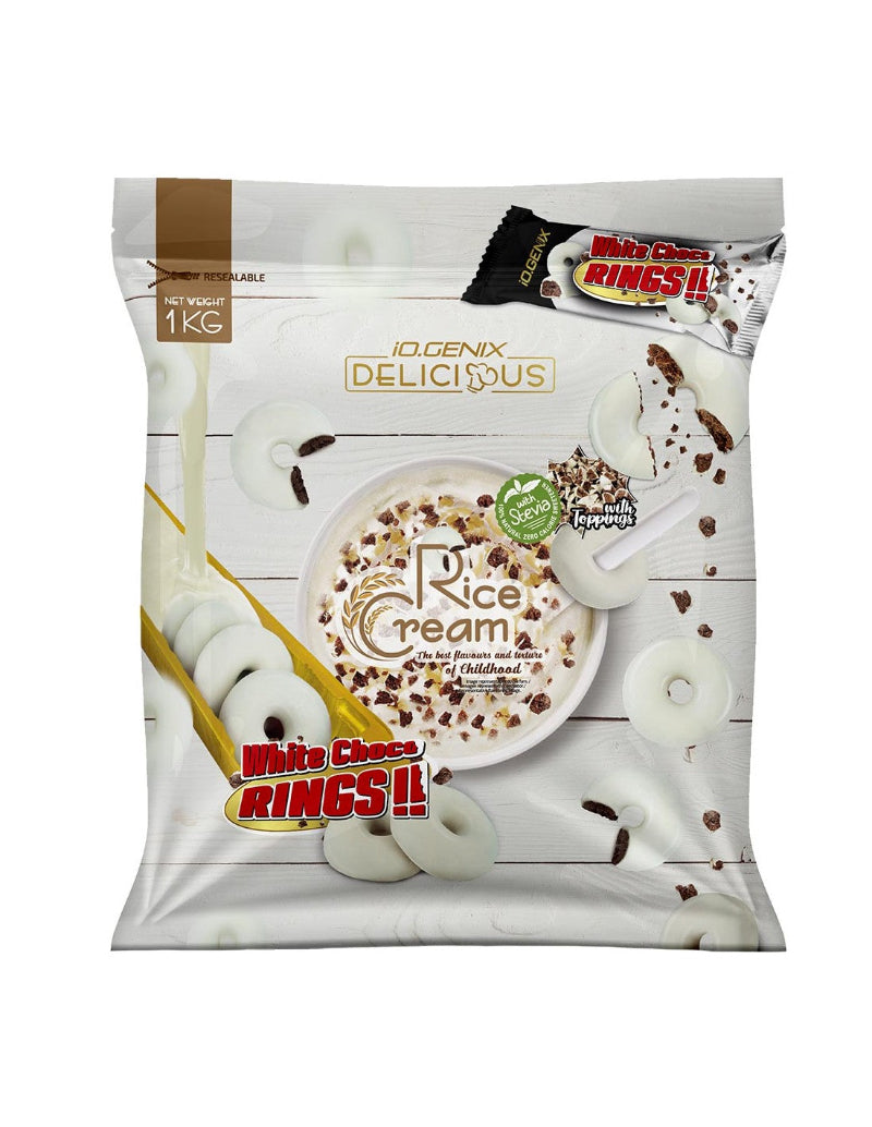 Crème de riz White Choco Rings iO.Genix 1kg - Saveur chocolat blanc avec toppings | Dragon Nutrition
