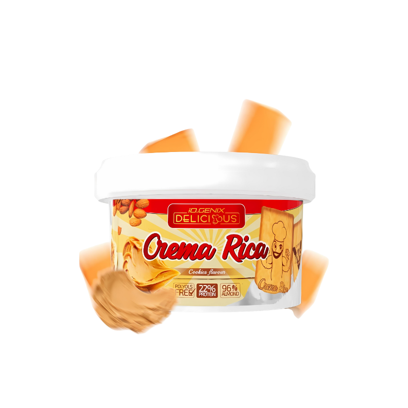 Pot de crème protéinée IO Genix Crema Rica saveur cookies avec morceaux de biscuits et amandes sur fond blanc