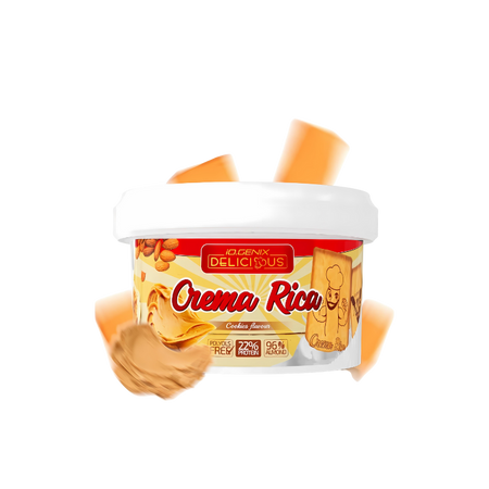 Pot de crème protéinée IO Genix Crema Rica saveur cookies avec morceaux de biscuits et amandes sur fond blanc