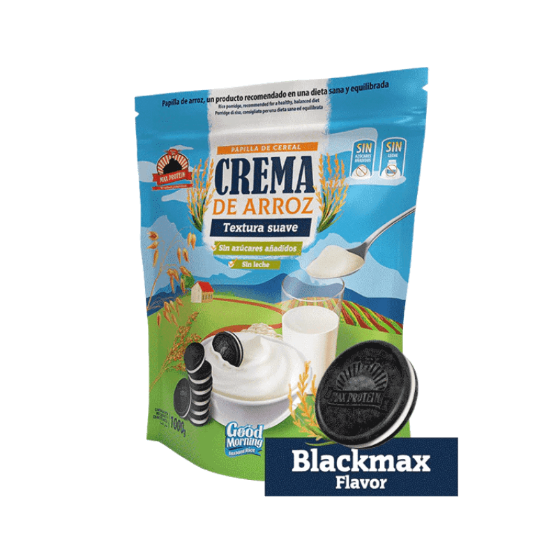 Sachet bleu de crème de riz Good Morning saveur Blackmax avec bol de crème blanche garni de biscuits type sandwich chocolat et verre de lait