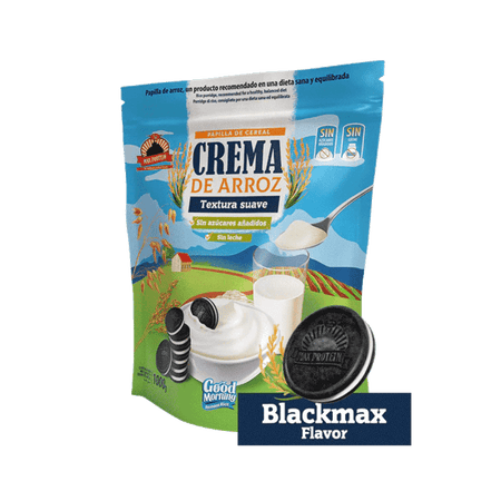 Sachet bleu de crème de riz Good Morning saveur Blackmax avec bol de crème blanche garni de biscuits type sandwich chocolat et verre de lait
