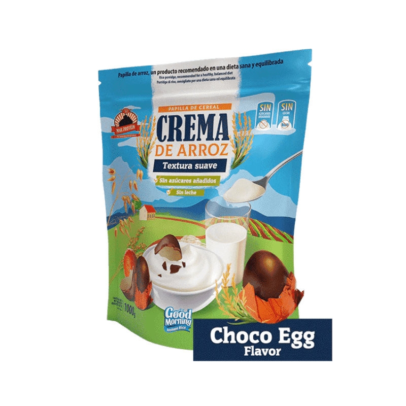 Sachet bleu de crème de riz Good Morning saveur œuf chocolat avec bol de crème blanche décoré de morceaux d’œuf en chocolat et œufs enveloppés en bas du sachet