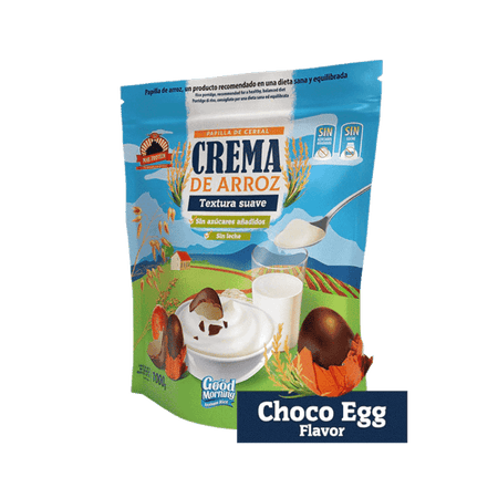 Sachet bleu de crème de riz Good Morning saveur œuf chocolat avec bol de crème blanche décoré de morceaux d’œuf en chocolat et œufs enveloppés en bas du sachet