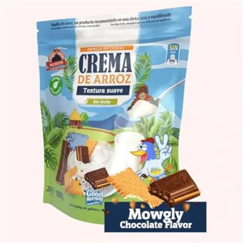 Sachet bleu de crème de riz Good Morning saveur Mowgly chocolate avec personnages de jungle, bol de crème blanche, biscuits et barre chocolatée au premier plan
