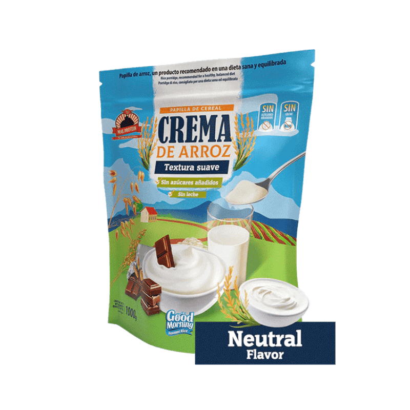 Sachet bleu de crème de riz Good Morning saveur neutre avec bol de crème nature, verre de lait et cuillère de poudre de riz sur paysage de campagne.​