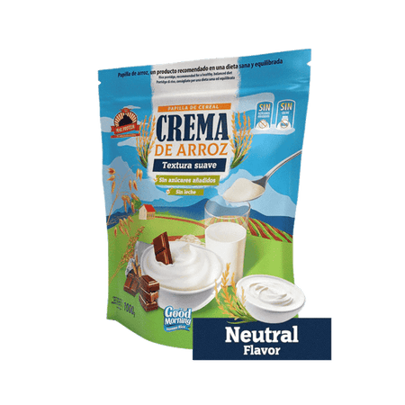 Sachet bleu de crème de riz Good Morning saveur neutre avec bol de crème nature, verre de lait et cuillère de poudre de riz sur paysage de campagne.​