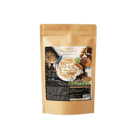 Sachet kraft de crème de riz IOGENIX Rice Cream chocolat noisette avec décor jungle, jaguar et morceaux de chocolat autour d’un bol de crème