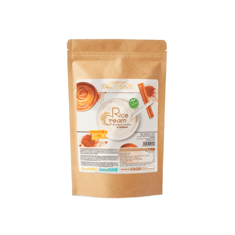 Sachet kraft de crème de riz IOGENIX Rice Cream cinnamon roll avec roulés à la cannelle, bâtons de cannelle et poudre épicée autour du bol