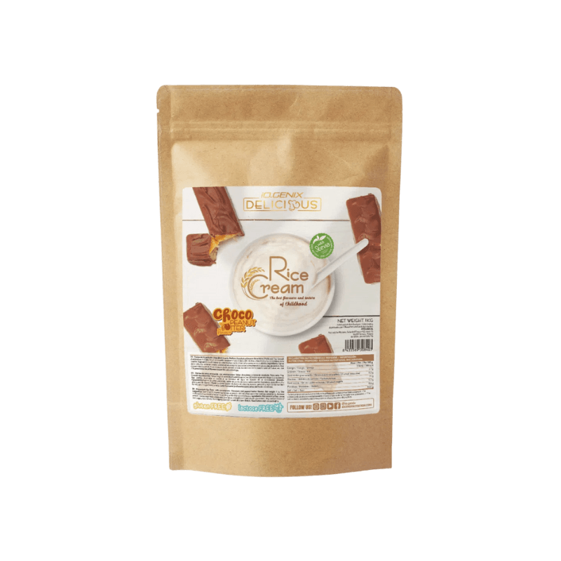 Sachet kraft de crème de riz IOGENIX Rice Cream saveur barre cacahuète chocolat avec visuel de barres croquantes autour du bol