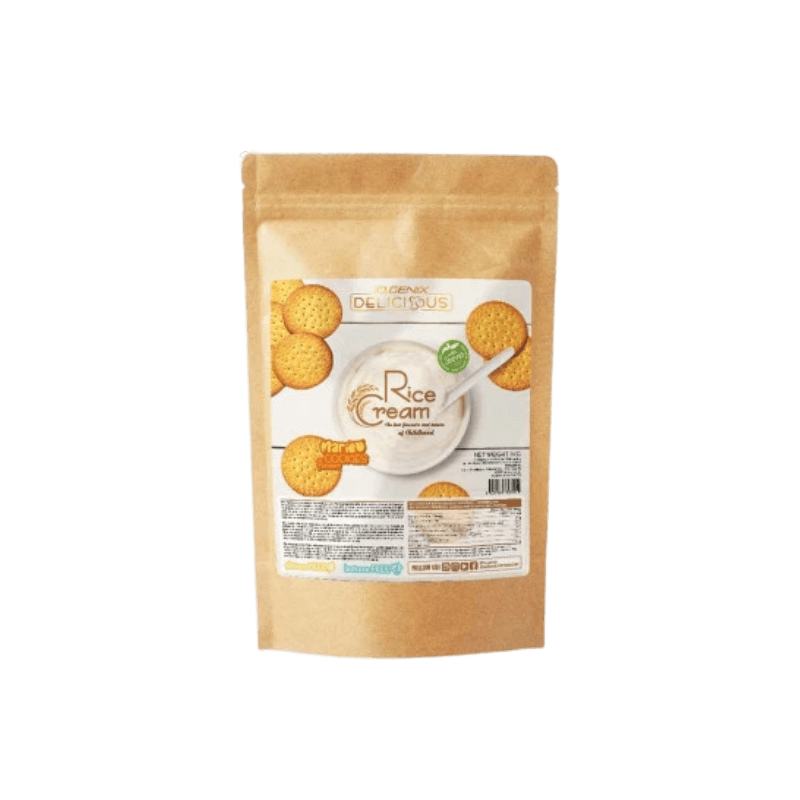 Sachet kraft de crème de riz IOGENIX Rice Cream saveur biscuits Maria avec bol de crème blanche entouré de biscuits ronds dorés