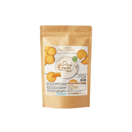 Sachet kraft de crème de riz IOGENIX Rice Cream saveur biscuits Maria avec bol de crème blanche entouré de biscuits ronds dorés