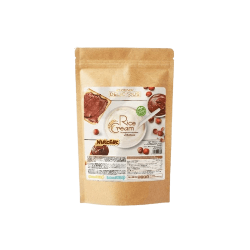 Sachet kraft de crème de riz IOGENIX Rice Cream Nutchoc illustré avec tartine à la pâte chocolat-noisette et noisettes entières autour du bol