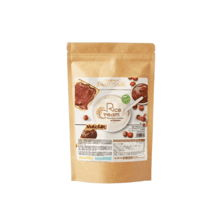Sachet kraft de crème de riz IOGENIX Rice Cream Nutchoc illustré avec tartine à la pâte chocolat-noisette et noisettes entières autour du bol