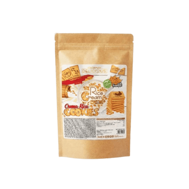 Sachet kraft de crème de riz IOGENIX Rice Cream saveur biscuits rica avec bol de crème blanche entouré de biscuits ronds dorés