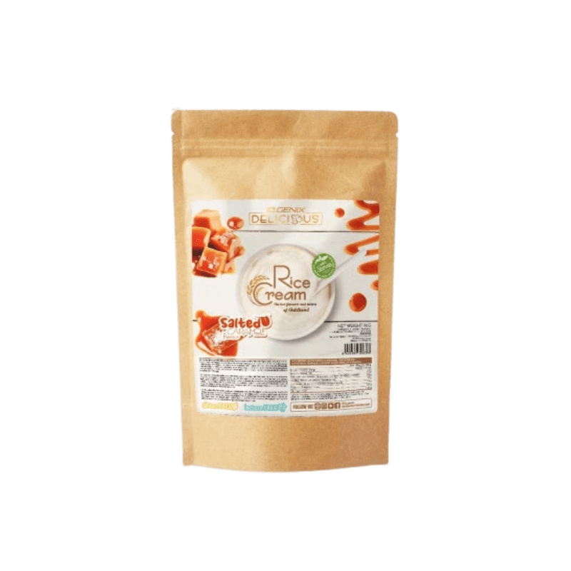 Sachet kraft de crème de riz IOGENIX Rice Cream caramel beurre salé avec éclats et coulis de caramel autour du bol