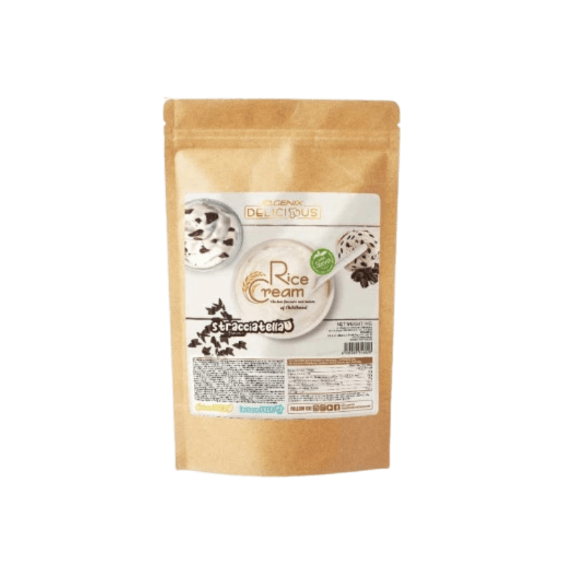Sachet kraft de crème de riz IOGENIX Rice Cream stracciatella avec bol de crème parsemée de copeaux de chocolat façon glace italienne