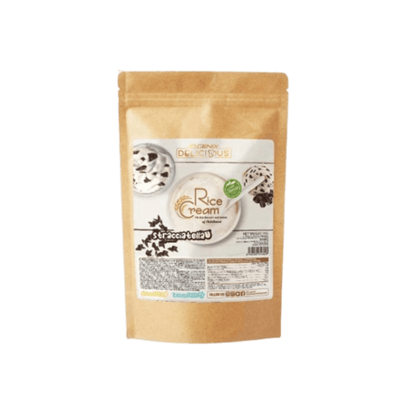 Sachet kraft de crème de riz IOGENIX Rice Cream stracciatella avec bol de crème parsemée de copeaux de chocolat façon glace italienne