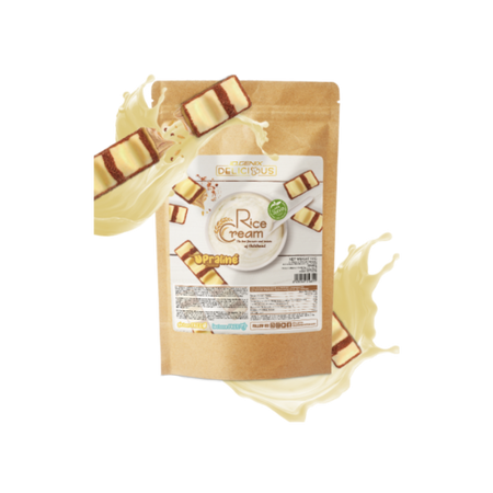 Sachet kraft de crème de riz IOGENIX Rice Cream UPraline entouré de barres chocolat blanc fourrées et éclaboussures lactées