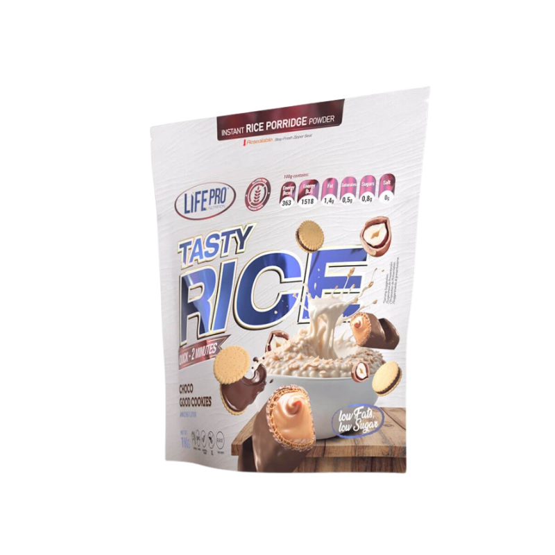 Sachet de crème de riz Life Pro Tasty Rice saveur Choco Good Cookies avec bol de porridge, biscuits fourrés et éclaboussures de lait sur le devant