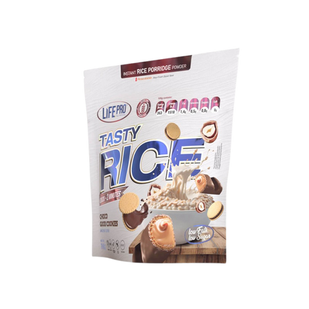 Sachet de crème de riz Life Pro Tasty Rice saveur Choco Good Cookies avec bol de porridge, biscuits fourrés et éclaboussures de lait sur le devant