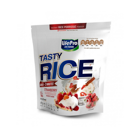 Sachet blanc de crème de riz Life Pro Tasty Rice saveur cheesecake à la fraise, montrant un bol de porridge garni de fraises et coulis