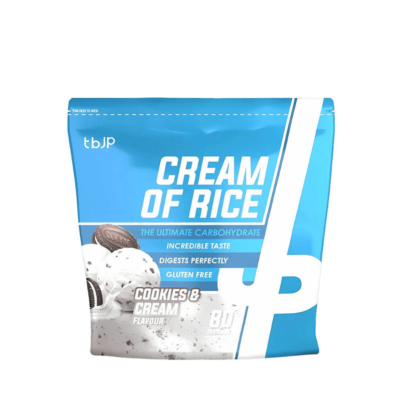 Sachet bleu de Cream of Rice TBJP saveur cookies and cream avec boule de glace vanille parsemée de morceaux de biscuits chocolat