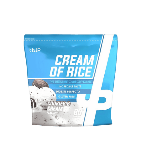 Sachet bleu de Cream of Rice TBJP saveur cookies and cream avec boule de glace vanille parsemée de morceaux de biscuits chocolat