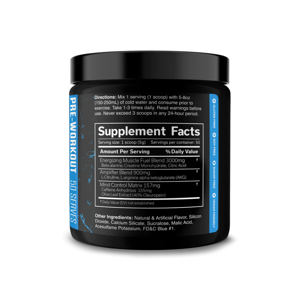 Étiquette arrière The Curse Pre-Workout Blue Raspberry : informations nutritionnelles complètes et dosage