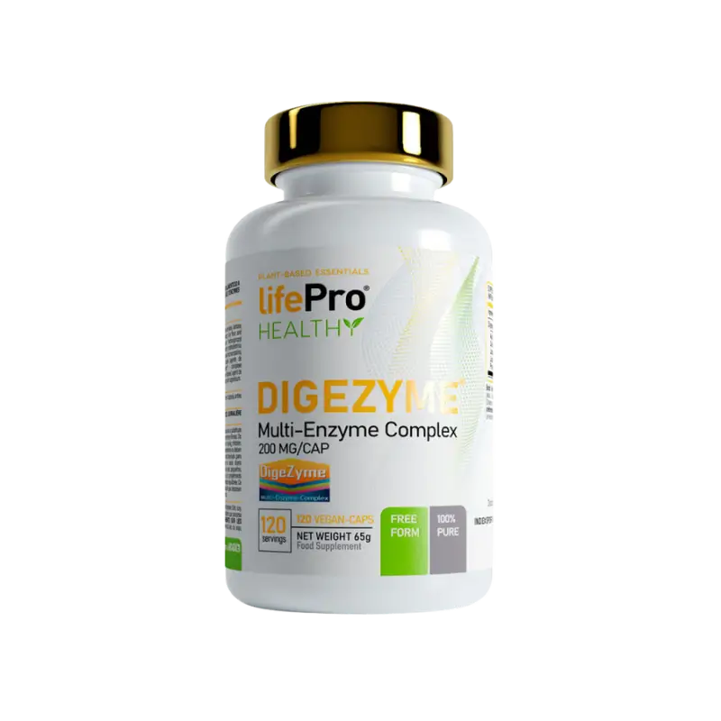 Flacon LifePro Healthy Digezyme, complexe multi-enzymes digestives 200 mg par gélule en 120 capsules véganes pour améliorer la digestion des nutriments