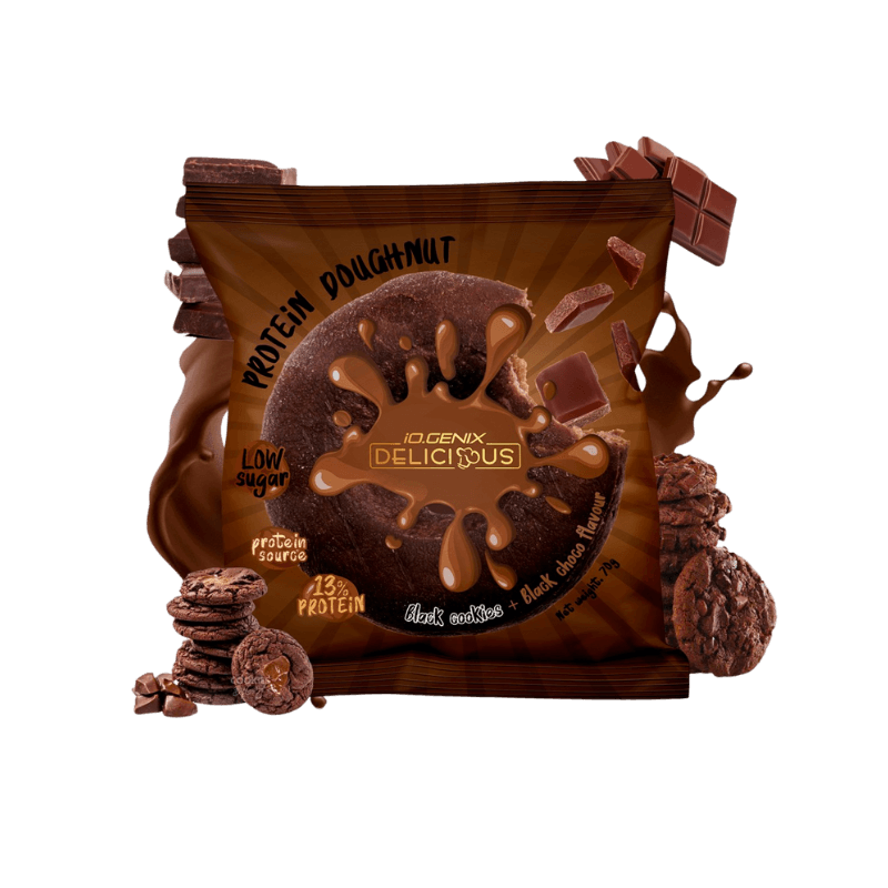 Donut protéiné IO.Genix Delicious dark cookies et chocolat noir avec glaçage chocolat, emballage marron foncé indiquant 13% de protéines et faible teneur en sucre