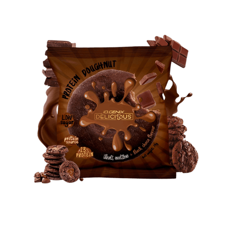 Donut protéiné IO.Genix Delicious dark cookies et chocolat noir avec glaçage chocolat, emballage marron foncé indiquant 13% de protéines et faible teneur en sucre