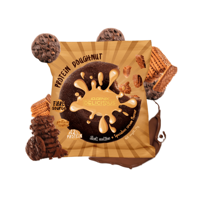 Donut protéiné IO.Genix Delicious dark cookies avec nappage saveur crème spéculoos sur emballage caramel, mention source de fibres et 12% de protéines