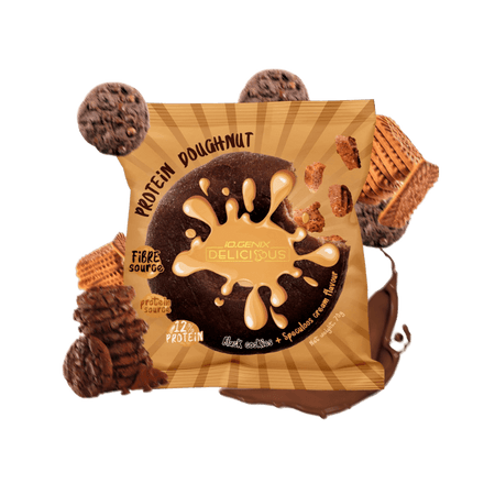 Donut protéiné IO.Genix Delicious dark cookies avec nappage saveur crème spéculoos sur emballage caramel, mention source de fibres et 12% de protéines