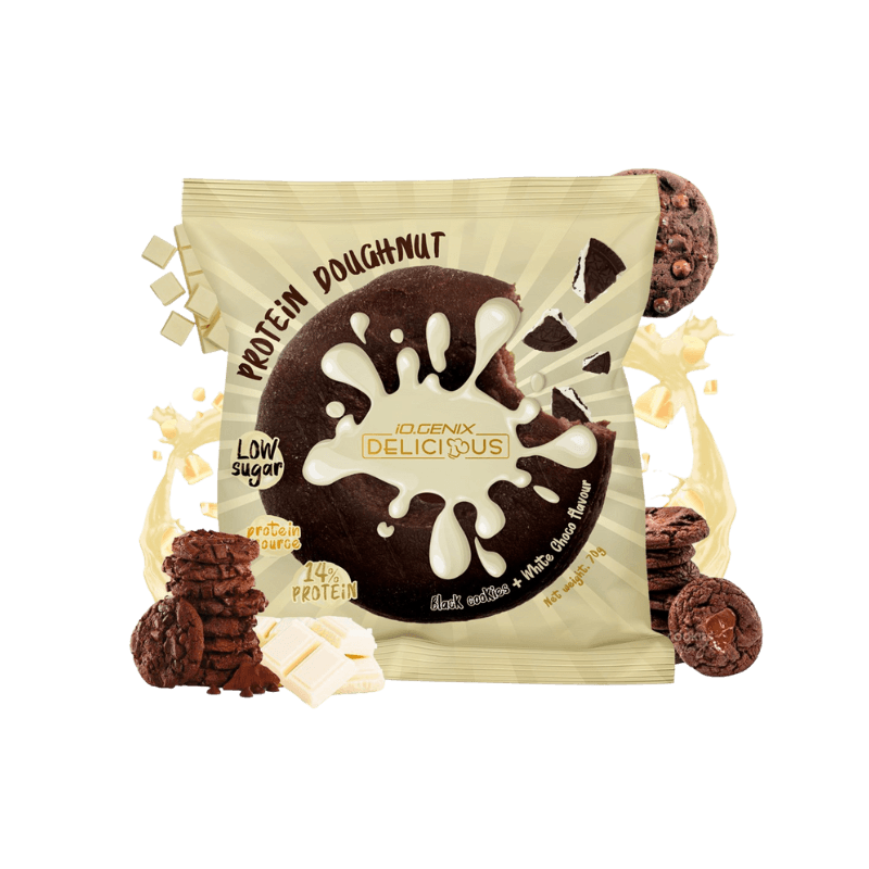 Donut protéiné IO.Genix Delicious saveur dark cookies et chocolat blanc, enrobé d’un glaçage blanc sur sachet beige indiquant low sugar et source de protéines