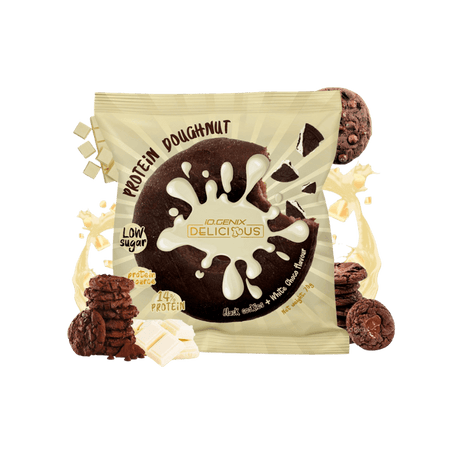 Donut protéiné IO.Genix Delicious saveur dark cookies et chocolat blanc, enrobé d’un glaçage blanc sur sachet beige indiquant low sugar et source de protéines