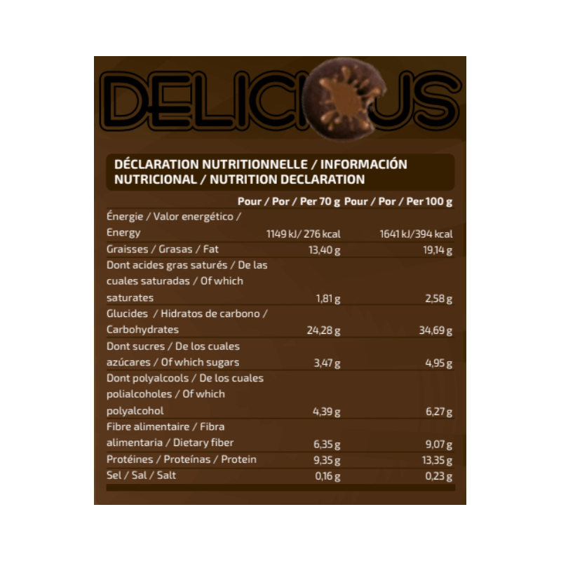 Tableau nutritionnel IO.Genix Delicious montrant pour 70 g environ 276 kcal, 13,4 g de graisses dont 1,8 g saturées, 24,3 g de glucides dont 3,5 g de sucres, 4,4 g de polyalcools, 6,4 g de fibres, 9,4 g de protéines et 0,16 g de sel
