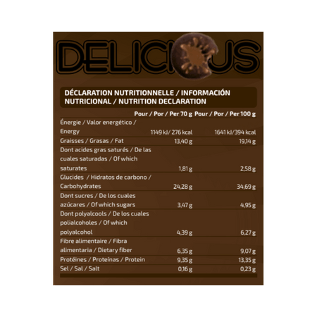Tableau nutritionnel IO.Genix Delicious montrant pour 70 g environ 276 kcal, 13,4 g de graisses dont 1,8 g saturées, 24,3 g de glucides dont 3,5 g de sucres, 4,4 g de polyalcools, 6,4 g de fibres, 9,4 g de protéines et 0,16 g de sel