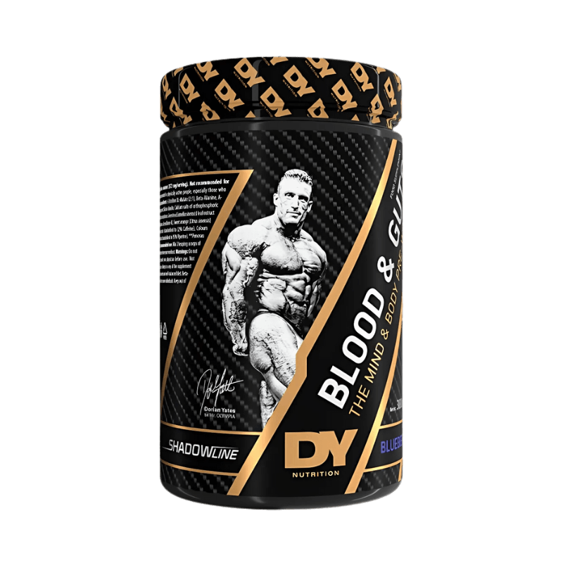 Pot DY Nutrition Blood & Guts Pre-Workout Dorian Yates saveur Blueberry, booster musculation emblématique