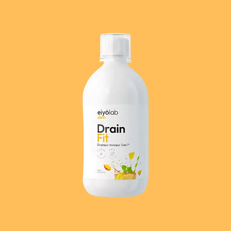Bouteille blanche de Drain Fit Eiyolab, draineur minceur 3 en 1 à base d’extraits de plantes, favorisant l’élimination des toxines, la détox et la perte de poids naturelle.