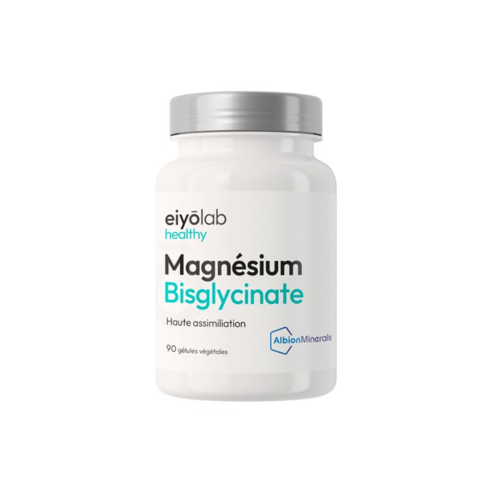 Pot Eiyolab Healthy Magnésium Bisglycinate 90 gélules végétales haute assimilation, forme Albion Minerals pour stress, crampes et fatigue