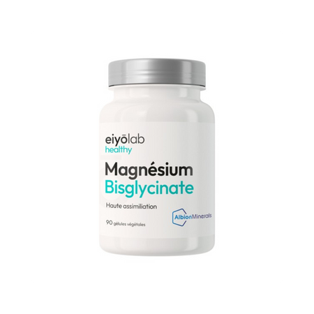 Pot Eiyolab Healthy Magnésium Bisglycinate 90 gélules végétales haute assimilation, forme Albion Minerals pour stress, crampes et fatigue