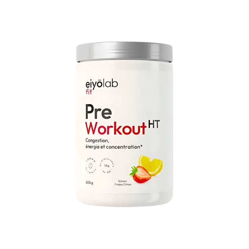 Pot Eiyolab Pre Workout HT fraise citron, complément pré-entraînement énergie, congestion, 600g