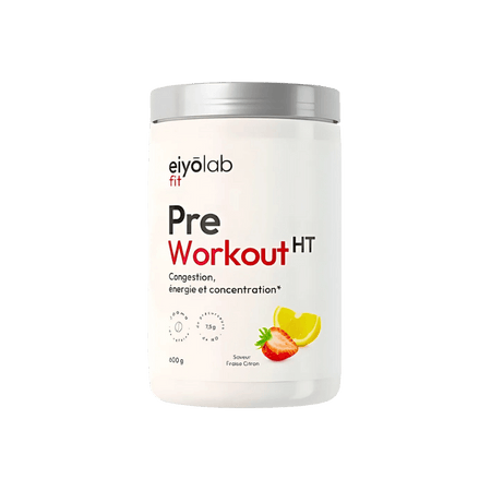 Pot Eiyolab Pre Workout HT fraise citron, complément pré-entraînement énergie, congestion, 600g