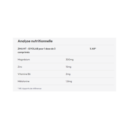 Tableau nutritionnel ZMA HT Eiyolab indiquant par 3 comprimés 300mg de magnésium, 15mg de zinc, 2mg de vitamine B6 et 1,8mg de mélatonine