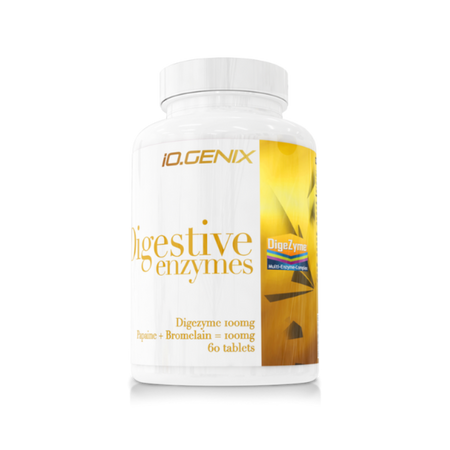 Flacon IO Genix Digestive Enzymes contenant 60 comprimés avec complexe DigeZyme, papaïne et bromélaïne pour favoriser la digestion