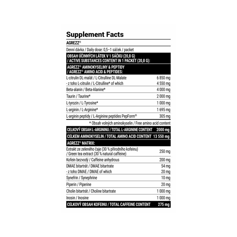 Tableau nutritionnel Agrezz Pre-Workout Extrifit, acides aminés, extraits et caféine par dosette