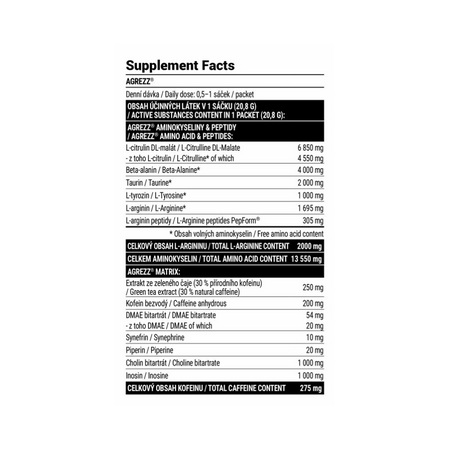 Tableau nutritionnel Agrezz Pre-Workout Extrifit, acides aminés, extraits et caféine par dosette